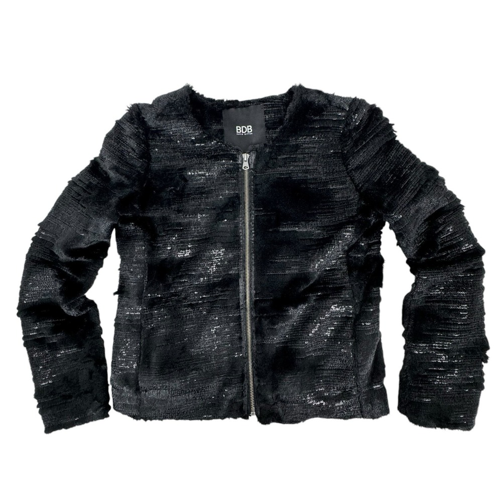 David Bitton Faux Fur Sequin Jacket Womens M Black Full Zip Glam Evening Shimmer